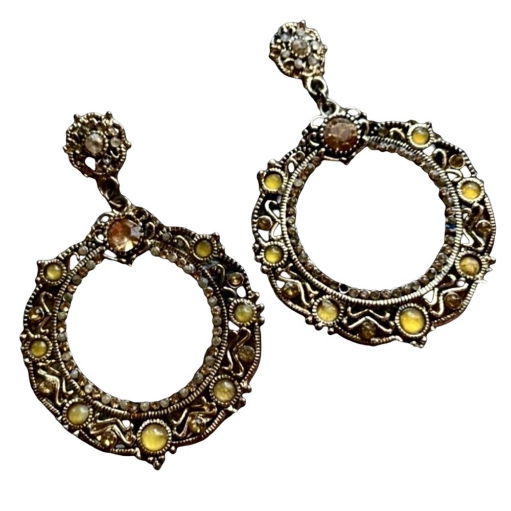Brass Filigree Earrings with Yellow Accent Stones